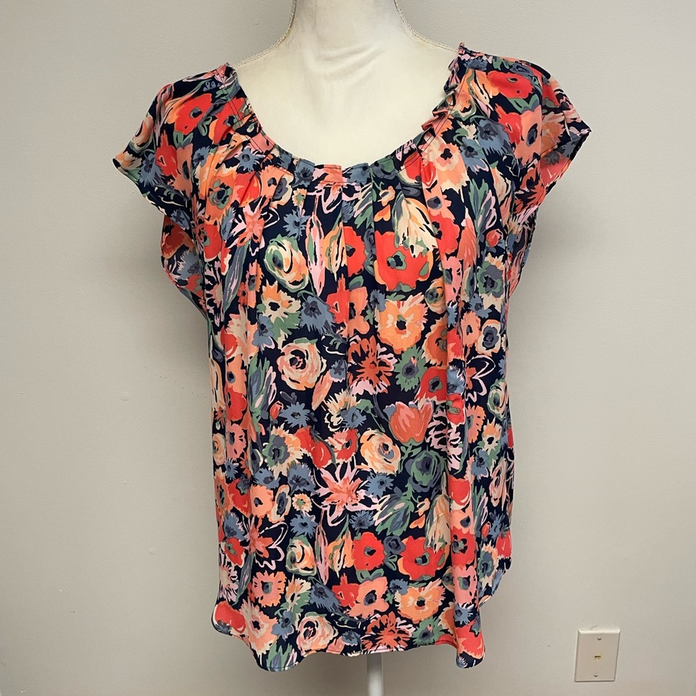 LC Lauren Conrad Navy Floral Scoop Neck Blouse